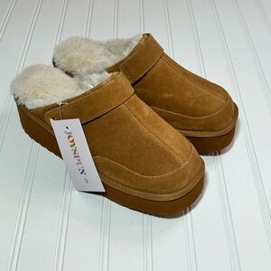 JOSPUN Women's Brown Suede Mules Clogs with Faux Fur Lining Size 9